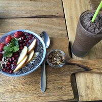 Blueberry smoothie bowl with oat milk (instead of coconut milk) & oat mocha frappe   at Organic Smoothie Bowl & Cafe - Lazimpat in Kathmandu