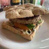 Sehr, sehr guter Soya-Burger im Foccacia-Brot für 4€. Sehr lecker!  at Guep Cafe in Mallorca