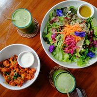 Buffalo cauliflower with ranch. Salad and green juices at Bella by Sage in Ubud