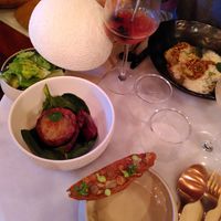 Left to right: side salad, onion dish and cannelloni at Bloomy in Toulouse