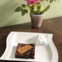 Vegan brownie and vegan whipped cream at The Humble Lotus in Morley