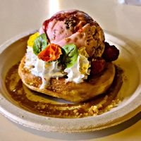 Donut with cheesecake and berry flavored ice cream at Scoop 'n Dough in Lisbon