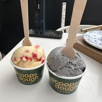Passion fruit and raspberry macaron and black sesame seed ice creams.   at Scoop 'n Dough in Lisbon