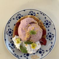 Vegan waffle and vegan raspberry cheesecake ice cream scoop  at Scoop 'n Dough in Lisbon
