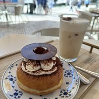 Tiramisu doughnut and Iced Latte  at Scoop 'n Dough in Lisbon