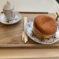 Ice cream dounut and coffee with chantilly  at Scoop 'n Dough in Lisbon