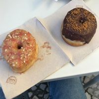 Doughnuts Belgian chocolate and peanut butter with jelly at Scoop 'n Dough in Lisbon