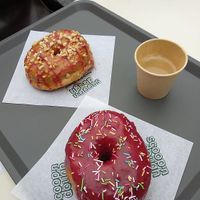 Peanut Butter Jelly on the back, and strawberry?, cherry?, glaze with sprinkes in the front at Scoop 'n Dough in Lisbon