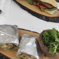 Falafel and in the back there is vegan beyond hotdog at Healthylicious in Mykonos