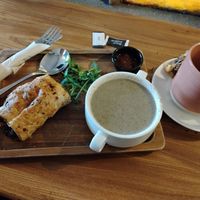 Vegan mushroom soup, vegan sausage roll and herbal tea at Myo in Cork