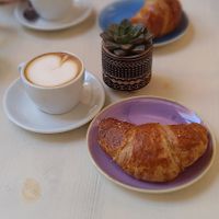 Soy cappuccino and vegan raspberry stuffed croissant  at Rosemary in Rome