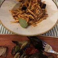 Favorite pasta dish ever! And grilled veggies! at Rosemary in Rome