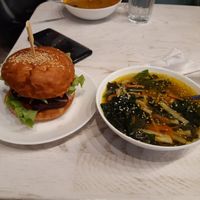 Seitan burger and miso soup at Yellow SLON in Minsk