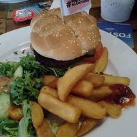 Moving Mountains Burger with fries + salad  at The Horse & Groom in Windsor
