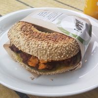 Delicious Oumph bagel at Wayne's Coffee in Uppsala