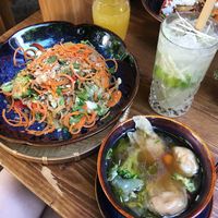 Rice noodle salad with mock beef and tamarind sauce, Wantan soup at Bao Bao in Hamburg
