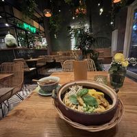 Dichter der Wälder (9€) Udon noodles with silky tofu, beech fungus, mushrooms, soy sprouts, pickled bean
sprouts, radish in sesame oil in a creamy
truffle sauce.  at The Future is Up to You in Berlin