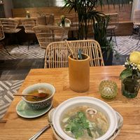 Wantan Supper (5€) Dumplings filled with mushrooms, wood ear, lotus roots, tofu and onions in a herbal broth
with shiitake mushrooms and bok choy.  at The Future is Up to You in Berlin