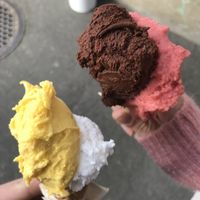 coconut chocolate strawberry and mango sorbet  at Gelateria di Berna - Länggasse in Bern