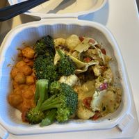 Vegan “butter” chickpeas, roasted broccoli and cauliflower, artichoke salad 😊 at Farm Boy in Kingston