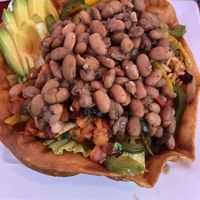 Taco salad (minus cotija and cream) and added sautéed peppers and onions, and pinto beans  at Pedro's in Kennebunkport