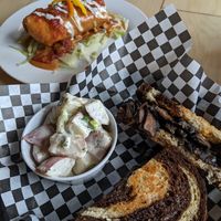 The Mushroom Reuben with potato salad and a Chimichanga at 10th Street Diner in Indianapolis