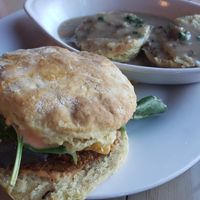 Spicy chicken biscuit w/side of biscuits and gravy at 10th Street Diner in Indianapolis