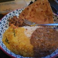 Paratha, onion Bhaji, tarka daal and black lentil daal at Namaste Taste of India in North Shields