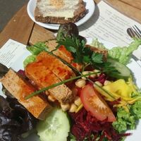 tofu salad, crispy tofu strips with sweet chilli. delicious  at Cafe Koppel in Hamburg
