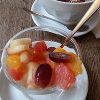 Fruit salad and soy hot chocolate at Cafe Koppel in Hamburg