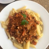 Tofu bolognese pasta at Cafe Koppel in Hamburg