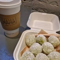Hot boba tea and matcha munchkins at Alimama Tea in New York City