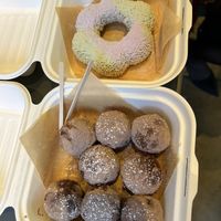 Chocolate mochi munchkins are vegan.  Not sure about the matcha tea donut.  at Alimama Tea in New York City