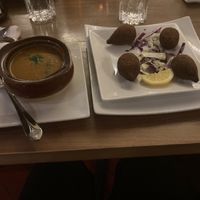 Lentil soup and pumpkin kibbee. at Yara in New York City