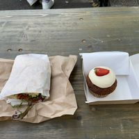 Vegan seitan panini and a carrot cupcake with frosting  at Bønnespiren in Stavanger