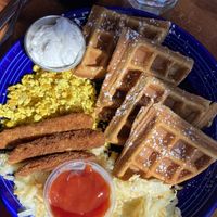 Waffle deluxe with chicken instead of sausage  at The Grain Cafe in Redondo Beach