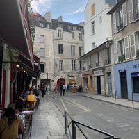 View from the terrace, looking toward la rue des Rosiers.   at Chez Marianne in Paris