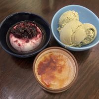 Trio of Desserts (PannaCotta with blueberry sauce, Matcha Ice Cream & Crème Brûlée)  at Thai Basil in Piscataway