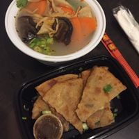 Rustic Herbal Veg Soup with Scallion pancakes at The Handpulled Noodle in New York City