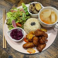 Sweet & sour soy set menu  at Neu Cat Cafe in Osaka