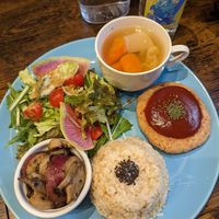 Soy burger set menu at Neu Cat Cafe in Osaka