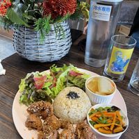 “Fried soy meat sweet sauce” set meal  at Neu Cat Cafe in Osaka