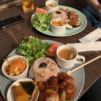 Soy chicken dishes at Neu Cat Cafe in Osaka