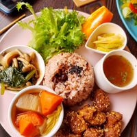 Soy meat set meal at Neu Cat Cafe in Osaka