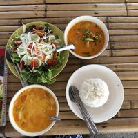 Penang curry (70 bath), plain rice (20 bath), Thai green salad (60 bath), Massaman curry (70 bath) at Nok's Kitchen in Koh Phangan