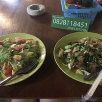 Vegan glass noodle salad w added tofu + vegan pad kee mao (flat noodle with chili and holy basil). GOOD!! and the wifi password 😅 at Nok's Kitchen in Koh Phangan