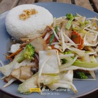 Wok with vegan chicken, vegetables and rice at Mr. Nam  in Vienna