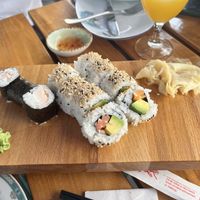 “Tuna” maki, “salmon and avocado and “prawn"  at Vegan Chay in Munich