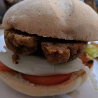 Chorizo burger at Melocotón Vegan Burger in Barcelona