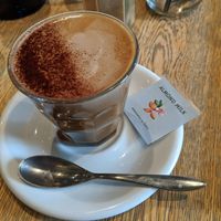 Hot almond milk mocha latte, almond milk clearly noted with a small card at Latte Graphic in Tokyo